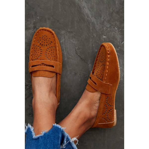 Brown Hollow-out Pattern Suede Slip-on Casual Shoes