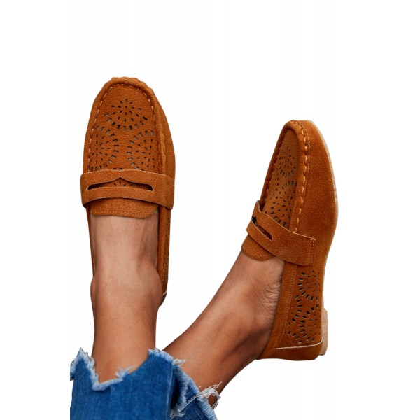Brown Hollow-out Pattern Suede Slip-on Casual Shoes