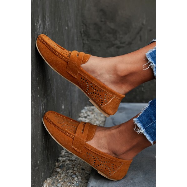 Brown Hollow-out Pattern Suede Slip-on Casual Shoes