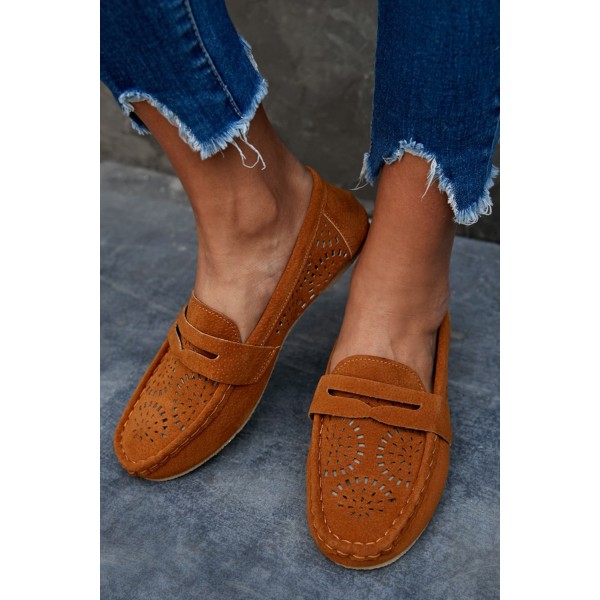 Brown Hollow-out Pattern Suede Slip-on Casual Shoes