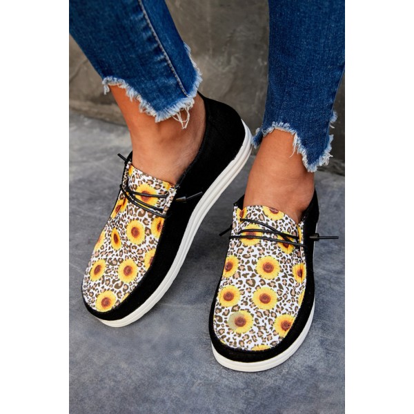 Black Leopard Sunflower Slip On Flat Sneakers