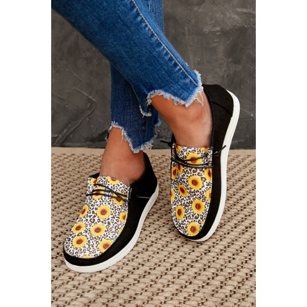 Black Leopard Sunflower Slip On Flat Sneakers
