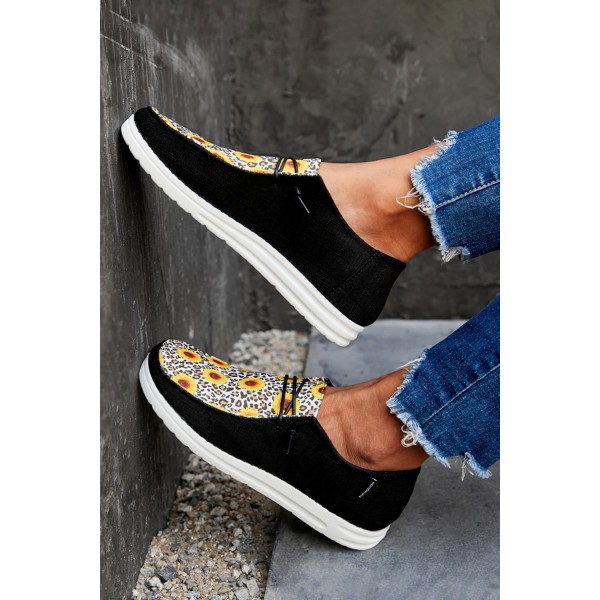 Black Leopard Sunflower Slip On Flat Sneakers