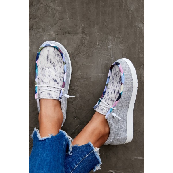 Light Grey Leopard Lace Up Round Toe Flat Sneaker