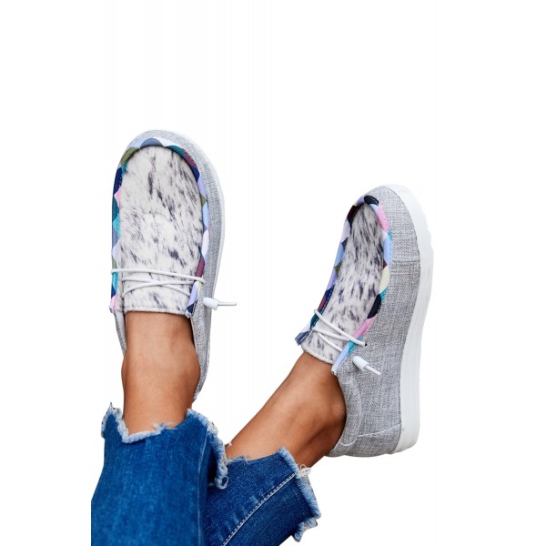Light Grey Leopard Lace Up Round Toe Flat Sneaker