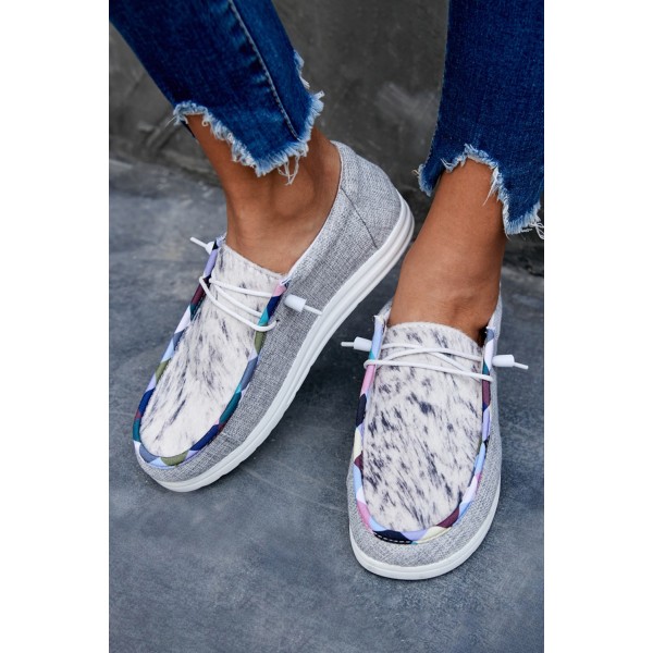 Light Grey Leopard Lace Up Round Toe Flat Sneaker