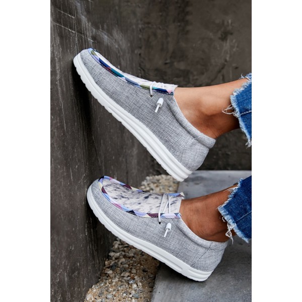 Light Grey Leopard Lace Up Round Toe Flat Sneaker