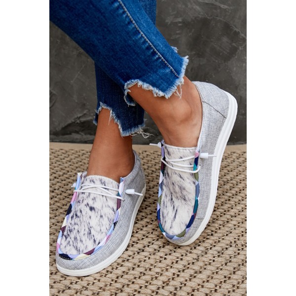 Light Grey Leopard Lace Up Round Toe Flat Sneaker