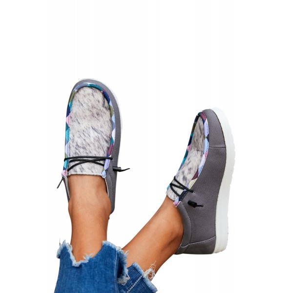 Dark Grey Leopard Lace Up Round Toe Flat Sneaker