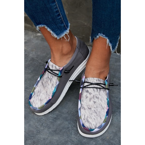 Dark Grey Leopard Lace Up Round Toe Flat Sneaker
