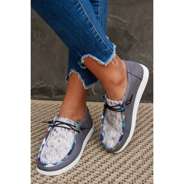 Dark Grey Leopard Lace Up Round Toe Flat Sneaker