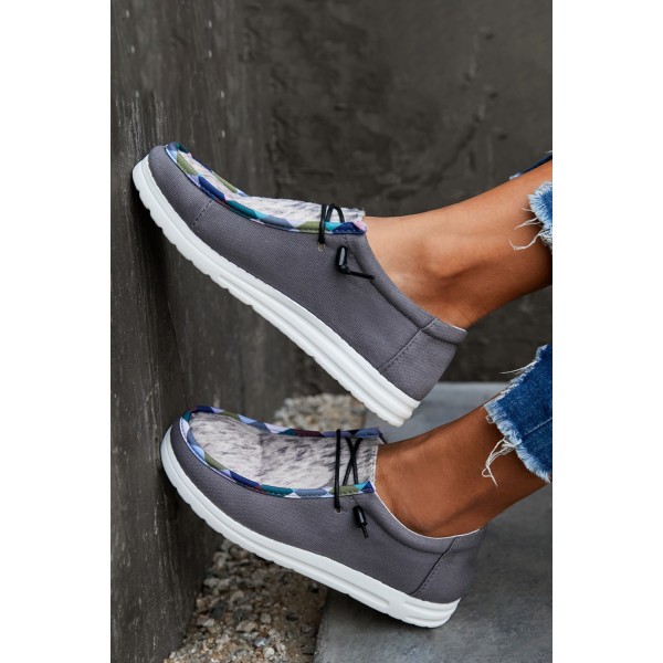 Dark Grey Leopard Lace Up Round Toe Flat Sneaker