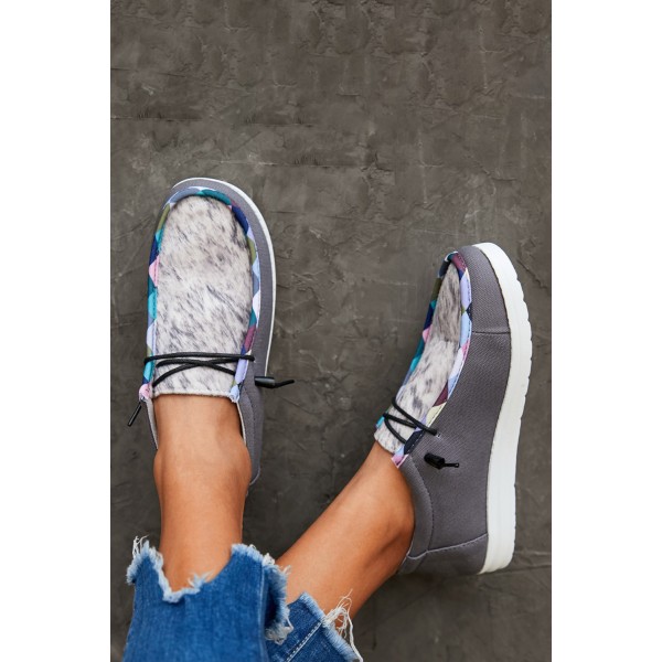 Dark Grey Leopard Lace Up Round Toe Flat Sneaker