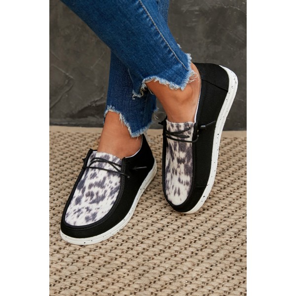 Black Leopard Lace Up Round Toe Flat Sneaker