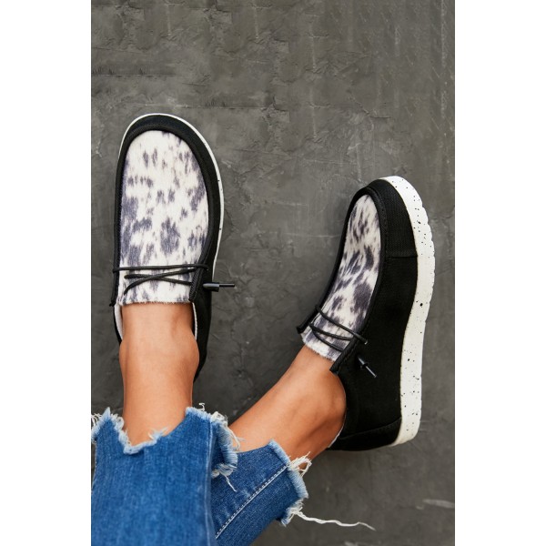 Black Leopard Lace Up Round Toe Flat Sneaker