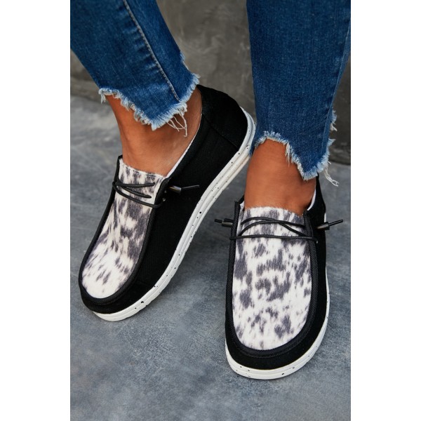 Black Leopard Lace Up Round Toe Flat Sneaker