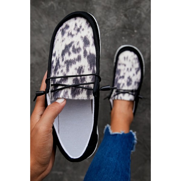 Black Leopard Lace Up Round Toe Flat Sneaker