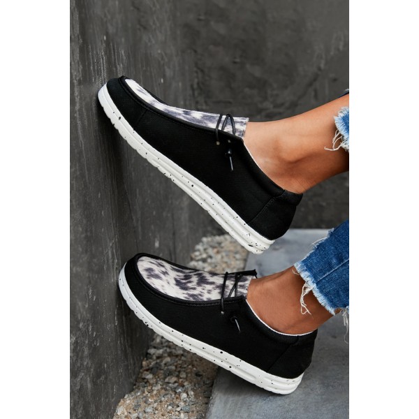 Black Leopard Lace Up Round Toe Flat Sneaker
