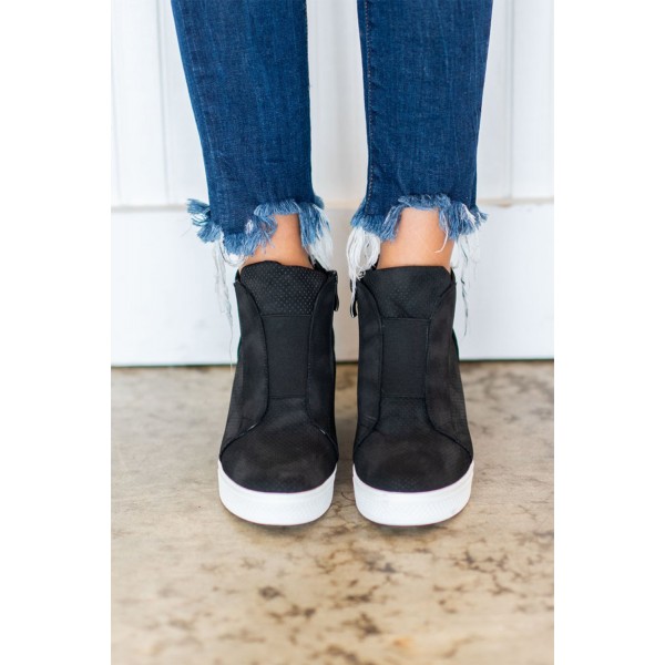 Black Zip Closure Wedge Sneakers