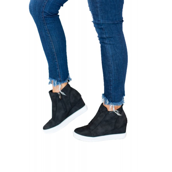 Black Zip Closure Wedge Sneakers