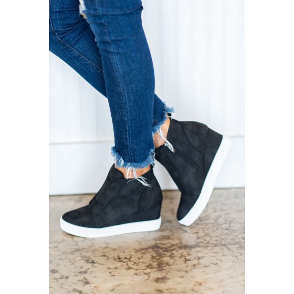 Black Zip Closure Wedge Sneakers