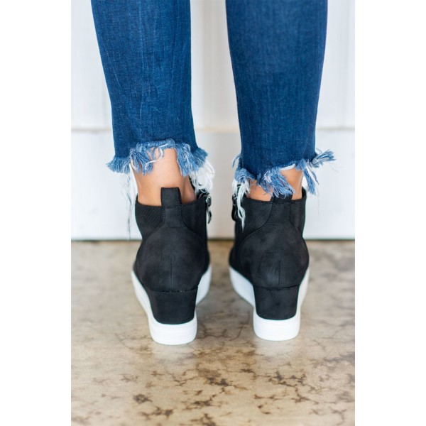 Black Zip Closure Wedge Sneakers