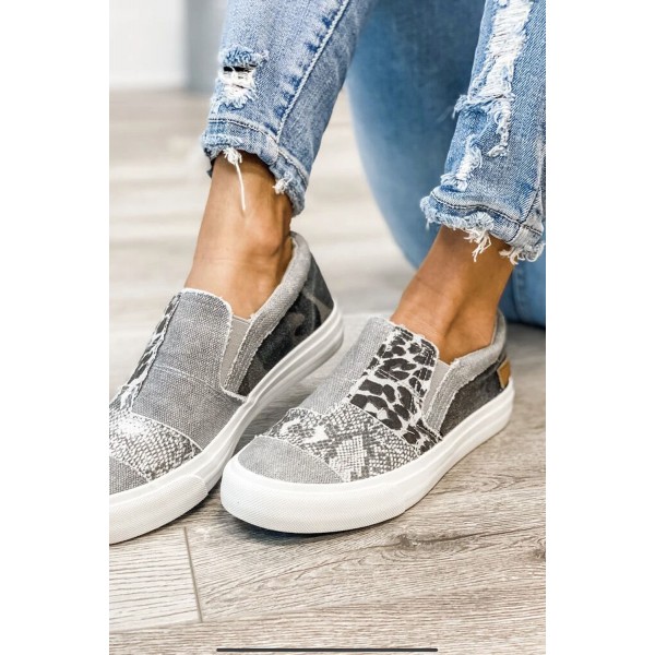 Gray Snake Leopard Mixed Print Slip-on Canvas
