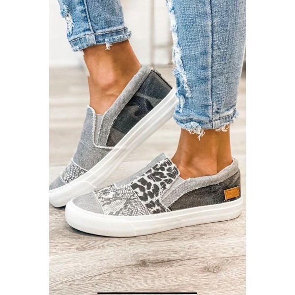 Gray Snake Leopard Mixed Print Slip-on Canvas