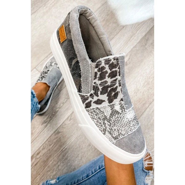 Gray Snake Leopard Mixed Print Slip-on Canvas