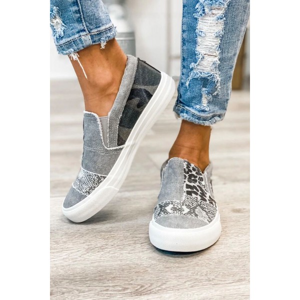Gray Snake Leopard Mixed Print Slip-on Canvas