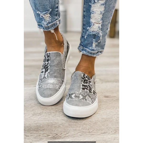 Gray Snake Leopard Mixed Print Slip-on Canvas