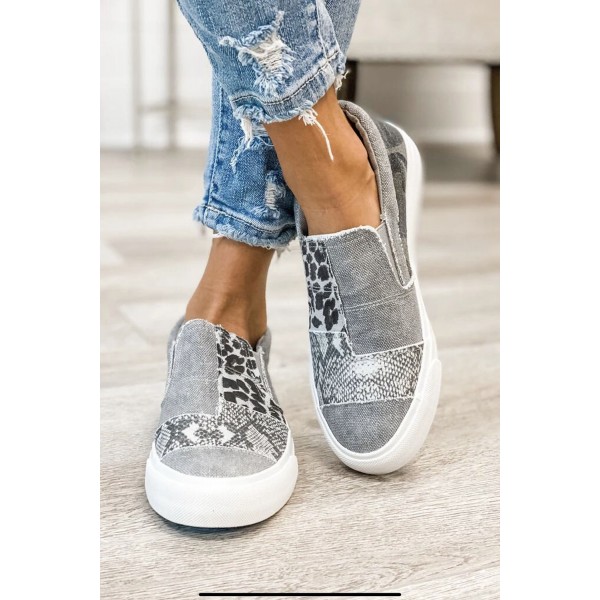 Gray Snake Leopard Mixed Print Slip-on Canvas