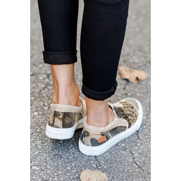 Khaki Snake Leopard Mixed Print Slip-on Canvas