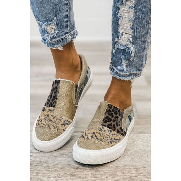 Khaki Snake Leopard Mixed Print Slip-on Canvas