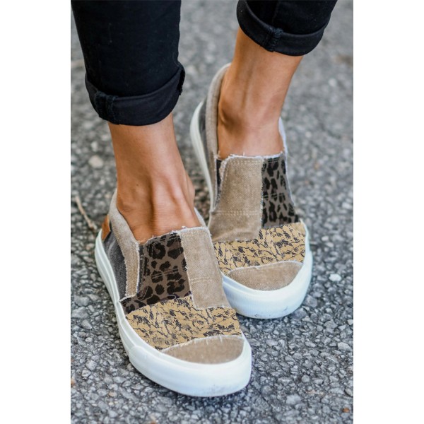 Khaki Snake Leopard Mixed Print Slip-on Canvas