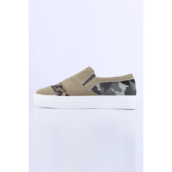 Khaki Snake Leopard Mixed Print Slip-on Canvas