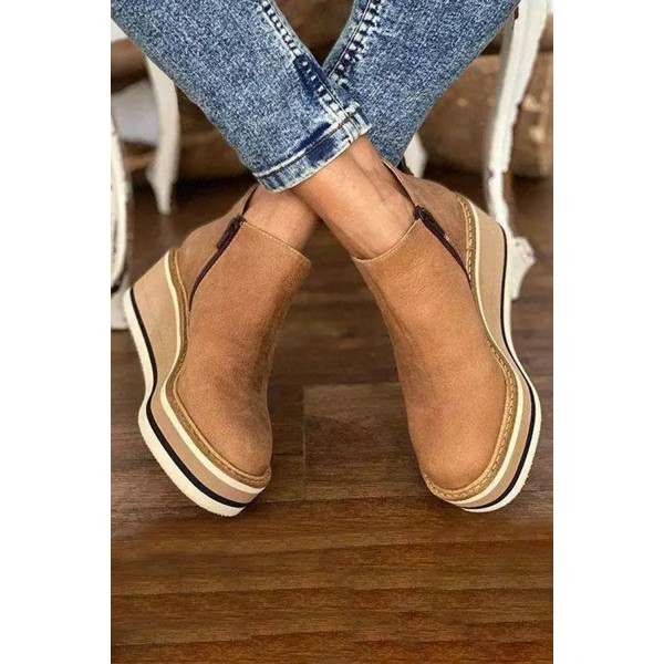 Khaki Faux Leather Side Zipper Platform Shoes