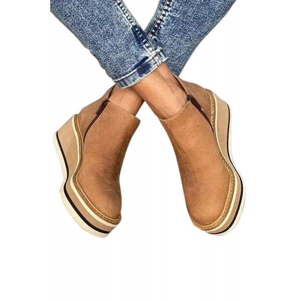 Khaki Faux Leather Side Zipper Platform Shoes
