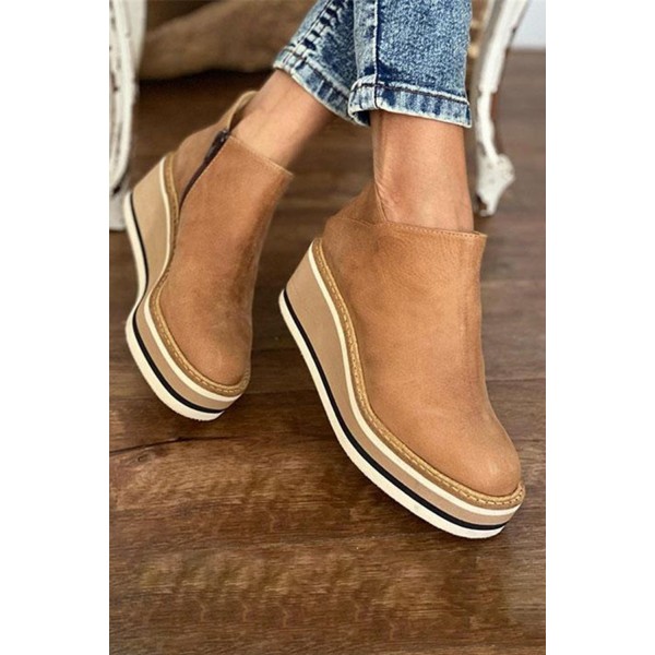 Khaki Faux Leather Side Zipper Platform Shoes