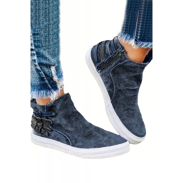 Blue Slip-On Design With Side Zipper Closure Sneakers
