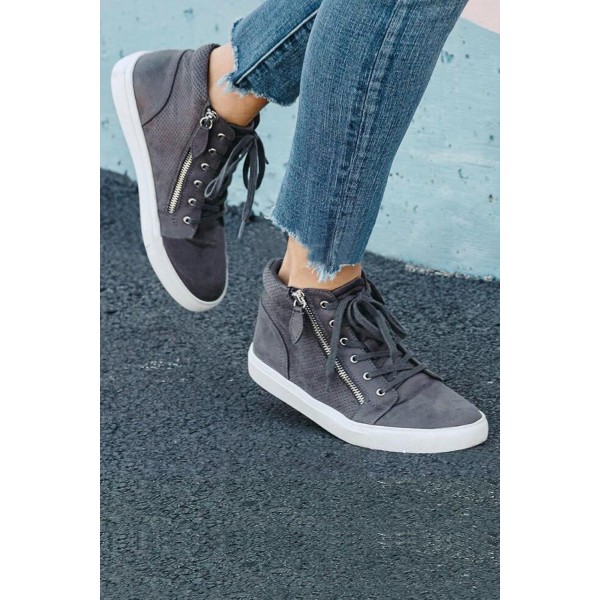 Zipper Lace Up Flat Sneakers