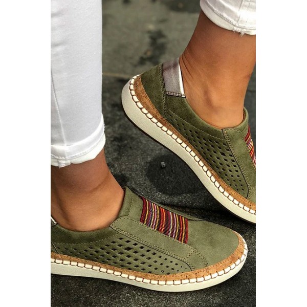 Green Hollow-Out Round Toe Flat Heel Casual Sneakers