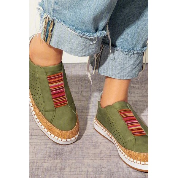Green Hollow-Out Round Toe Flat Heel Casual Sneakers