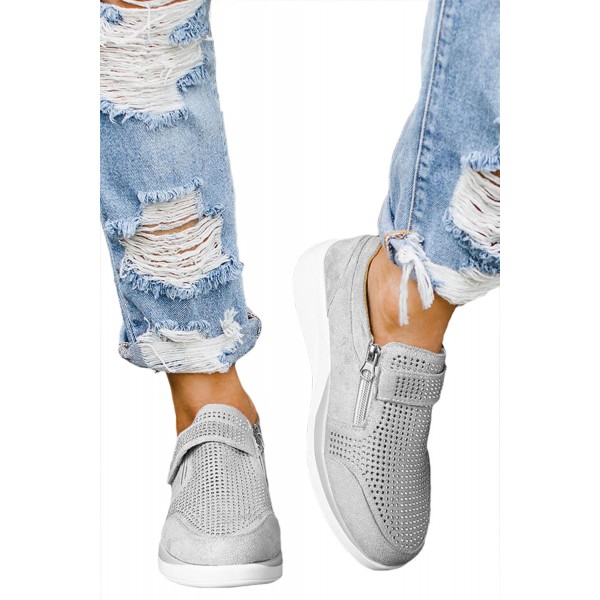 Rhinestone Zipper Splicing Round Toe Sneakers