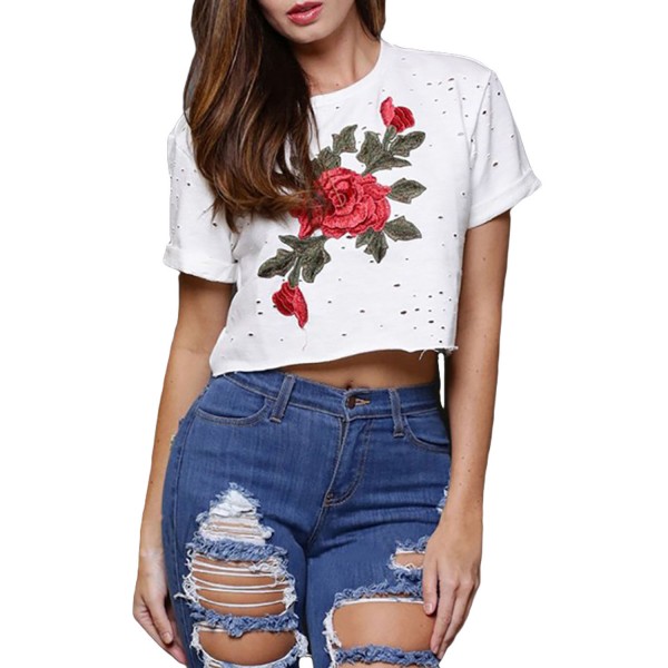 White Embroidered Flower Broken Hole Crop Top