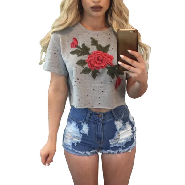 Grey Embroidered Flower Broken Hole Crop Top