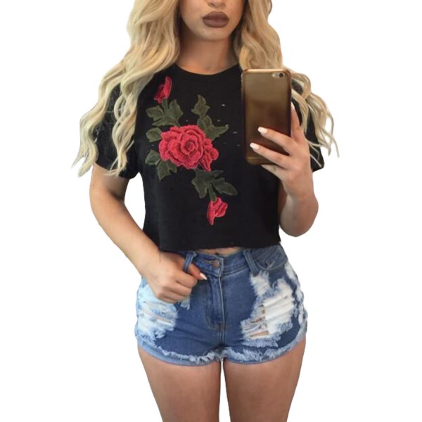 Black Embroidered Flower Broken Hole Crop Top