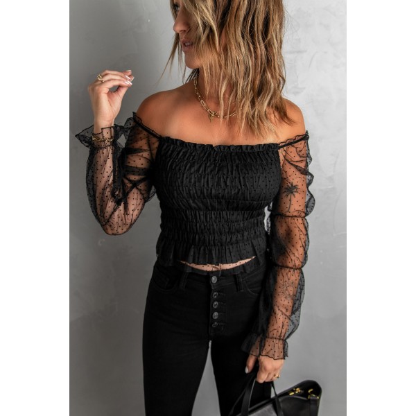 Black Dotted Off-the-shoulder Smocked Crop Top