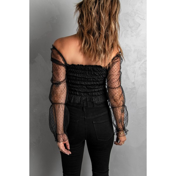 Black Dotted Off-the-shoulder Smocked Crop Top
