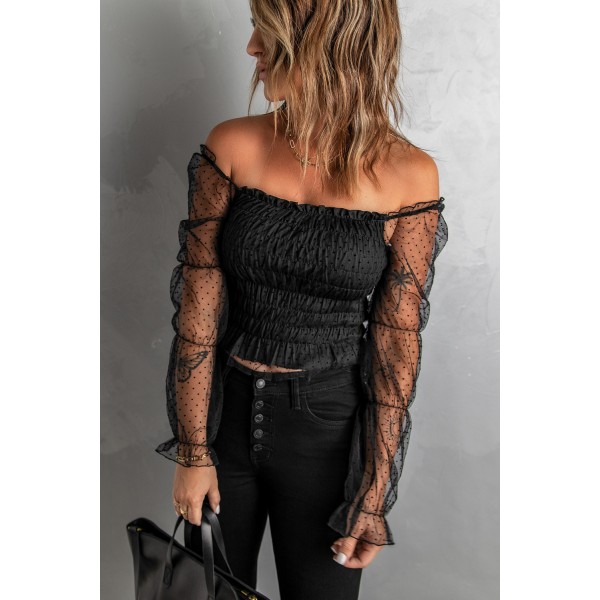 Black Dotted Off-the-shoulder Smocked Crop Top